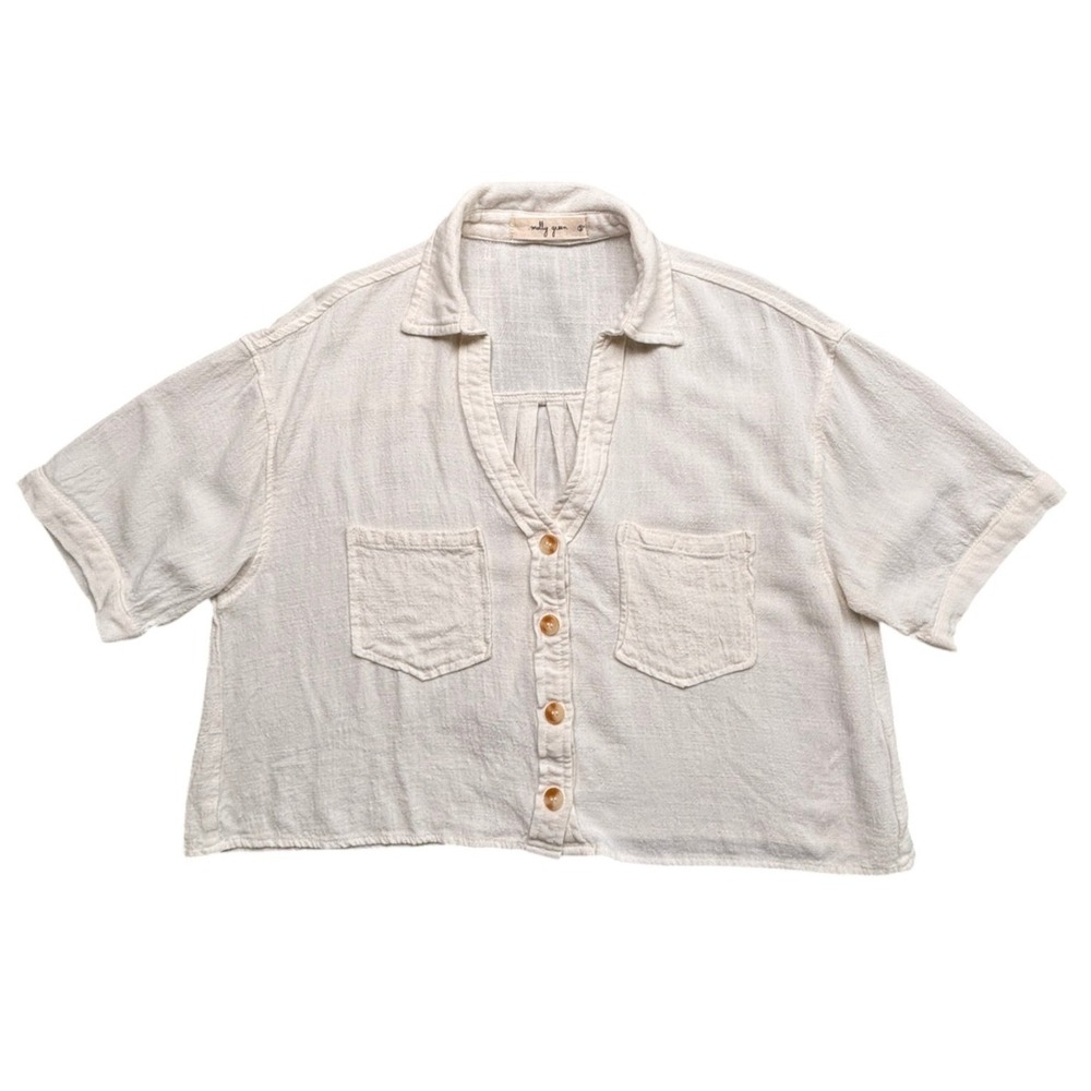 Molly Green Crop Top Sz S Ivory Linen Blend Button Front Boho Coastal Featival